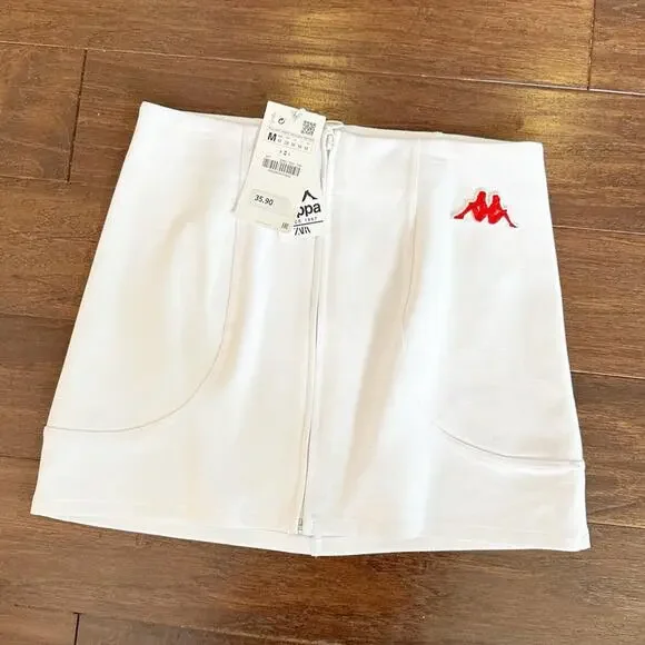 Zara Kappa Mini Skirt White Red Zip Front Summer Medium NWT Collegiate - Picture 2 of 15